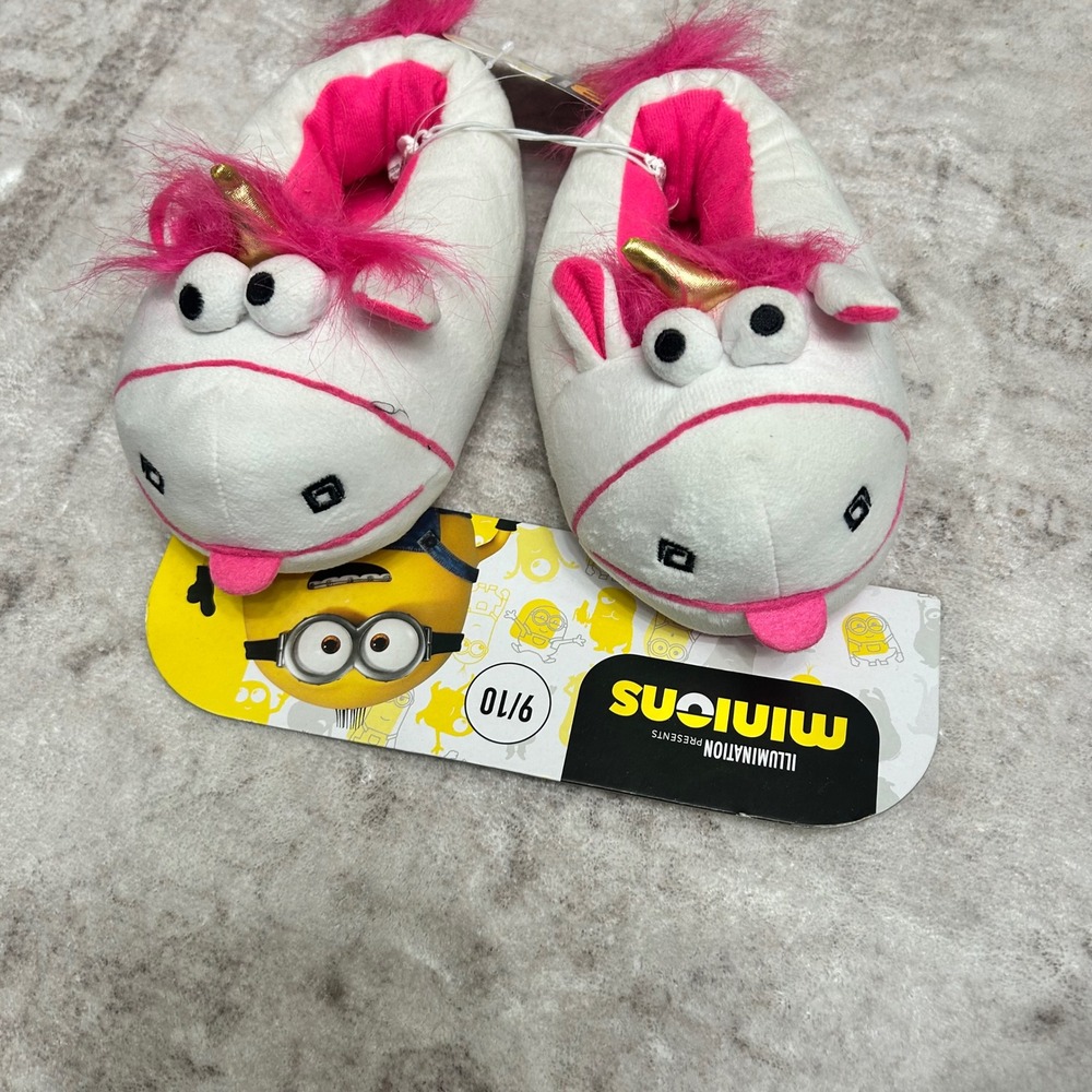 Minions‎ Unicorn Slippers Kids Size 9/10 White Pink Plush Despicable Costume C3
